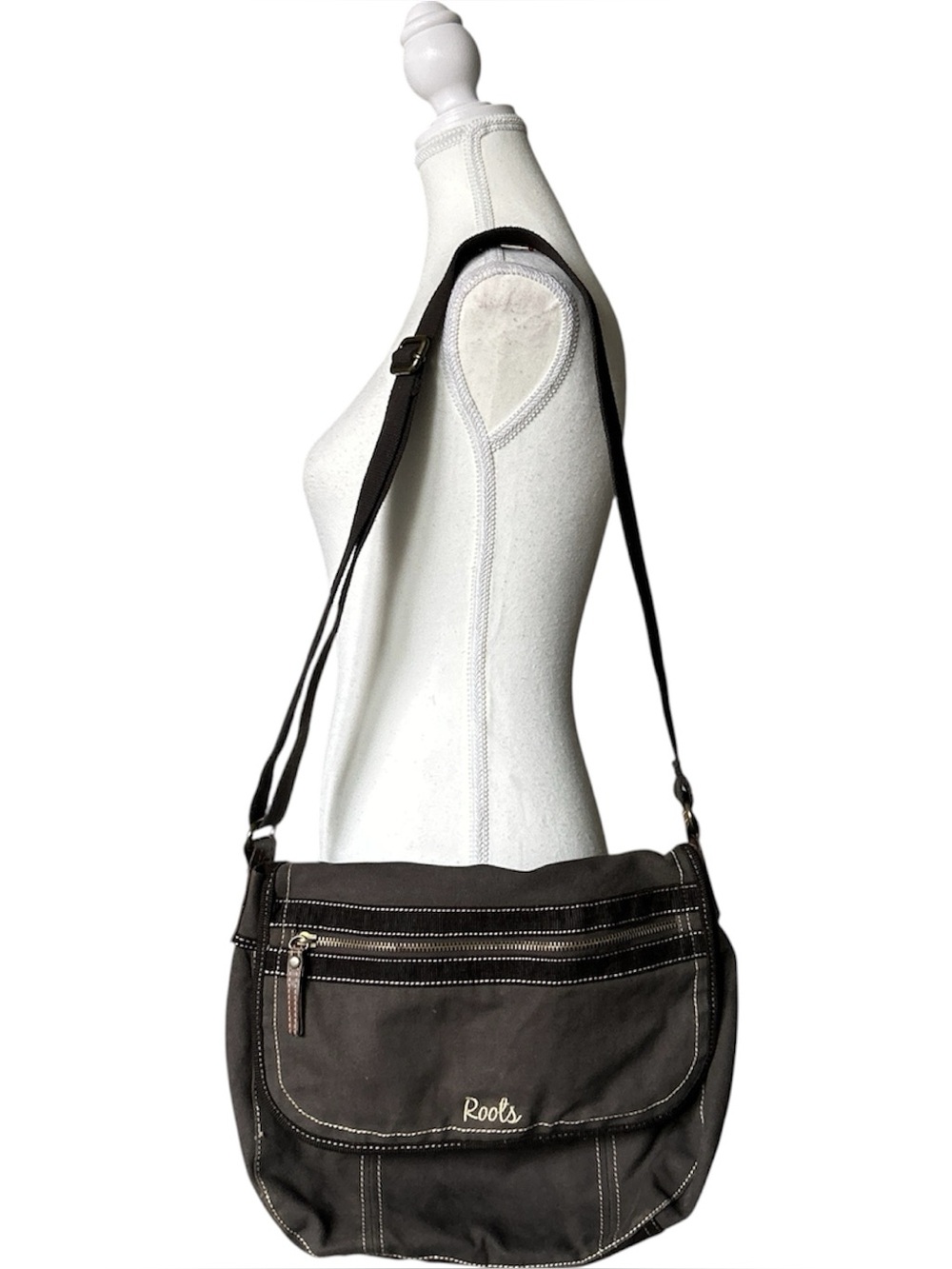 Y2K Coquette “Roots” Brown Corduroy Trim Utility Style Messenger Bag